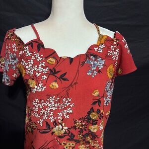 Floral Red Scalloped Neck Top